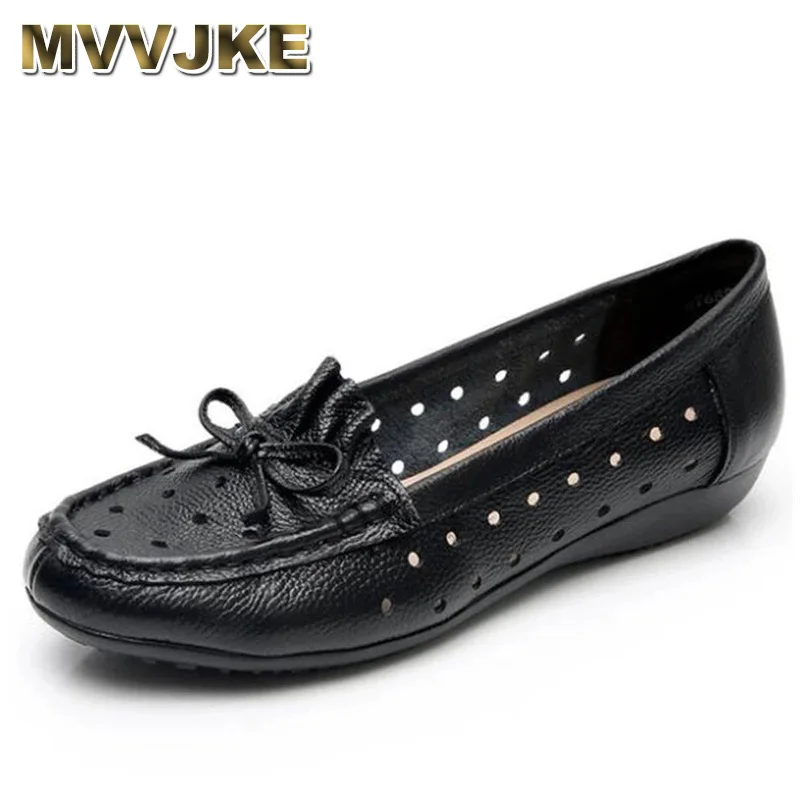 

MVVJKE Newest Spring Summer Round Head Shallow Genuine Leather Shoes Bow Hollow Fashion Casual Shoes Soft Comfort Women FlatShoe