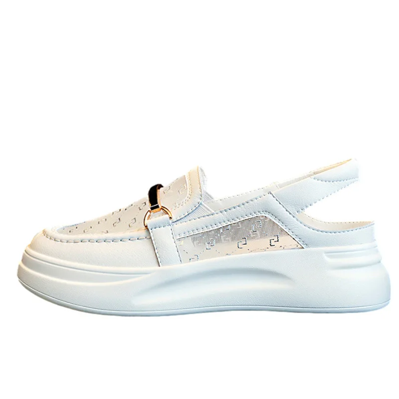 

Sandals Women's Shoes 2021 New Summer Flat Mid-Heel Thick Bottom Leather Mesh Hollow Casual White Baotou Single Shoes