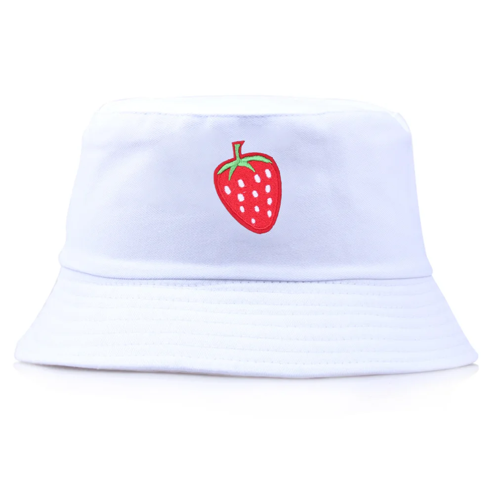 

Embroidery Strawberry Bucket Hats For Women Summer Girls Panama Caps Outdoor Beach Fishing Men Foldable Black Fisherman's Hat