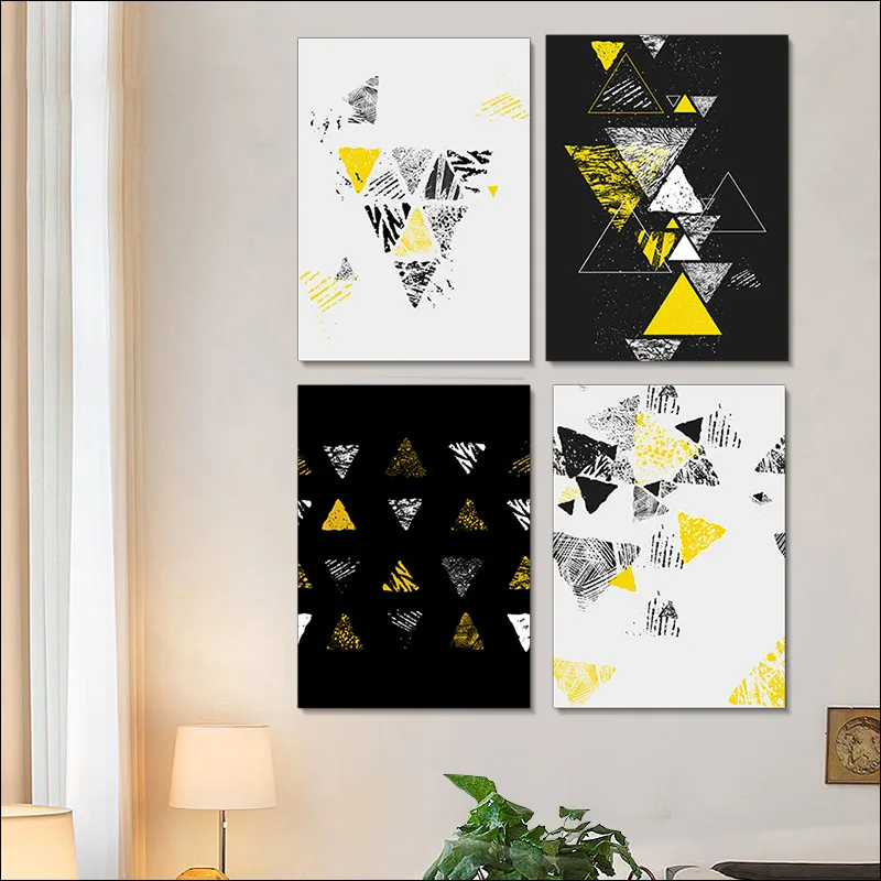 

Nordic Abstract Canvas Painting with Frame, Geometric Graphics Poster, Color Contrast Triangle, Black-and-white Yellow Unframed