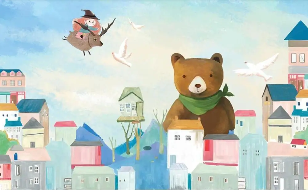 Настенные 3D обои Milofi в скандинавском стиле с изображением медведя дома для