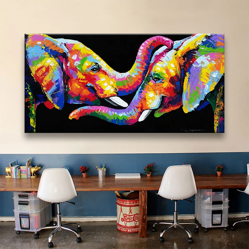 

Colorful Elephant Oil Paintings on Canvas Wall Art Posters and Prints Couple Elephants Cuadros Pictures for Living Room Decor