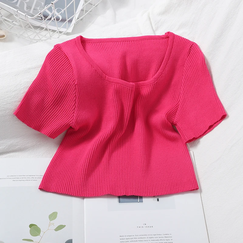 Топ вязаный OUMEA летний с коротким рукавом квадратным вырезом однотонный в