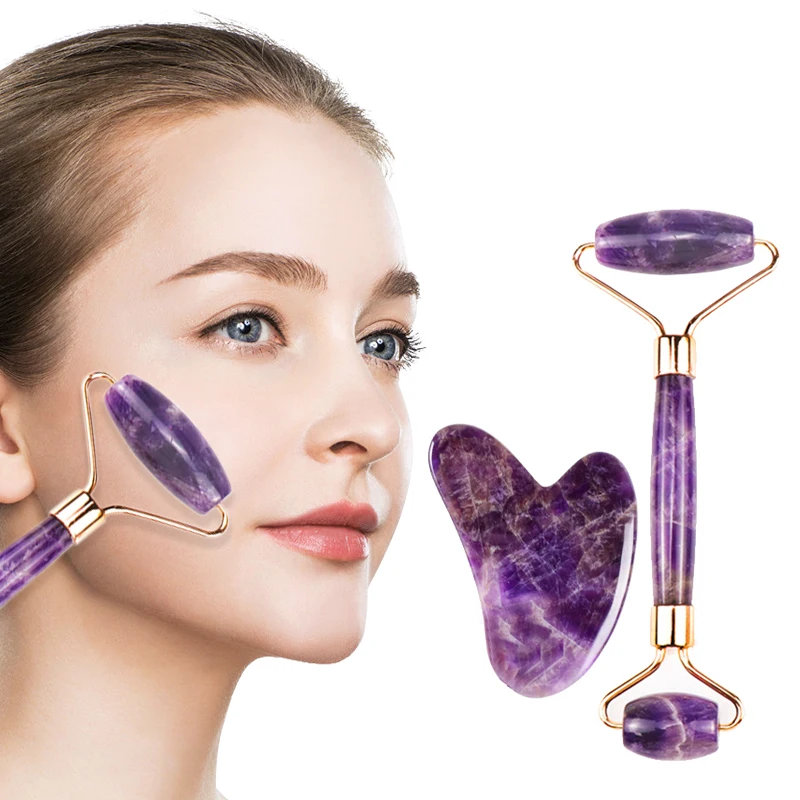 

Amethyst Massager For Face Lift Up Jade Stone Roller Natural Crystal Stone Slimming Thin Chin Facial Beauty Skin Care Tool