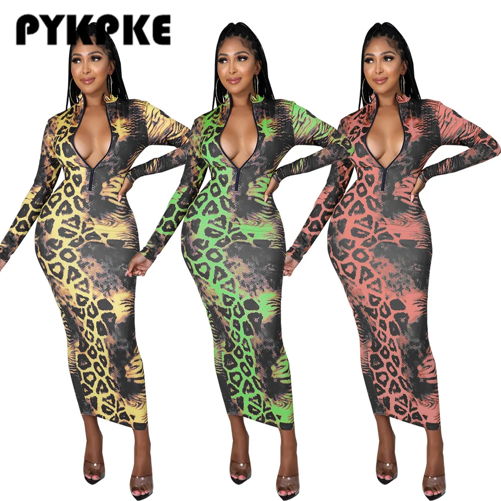 

Women Long Dress Autumn Print Zipper Sexy Night Club Party Stretchy Skinny Dresses Vestidos