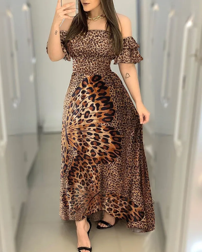 

Off Shoulder Party Dresses Women Lady Ruffle Leopard Print Flare Long Sundress Sexy Ladies Strappy Slash neck Vestido 2021 New