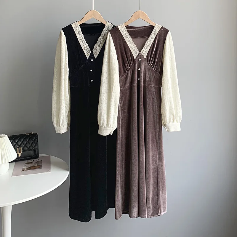 

2021 Spring Woman Dress Lace Velvet Dress Women Puff Sleeve V-neck Long Dress Vintage Elegant Dress Vestidos Femme Streetwear