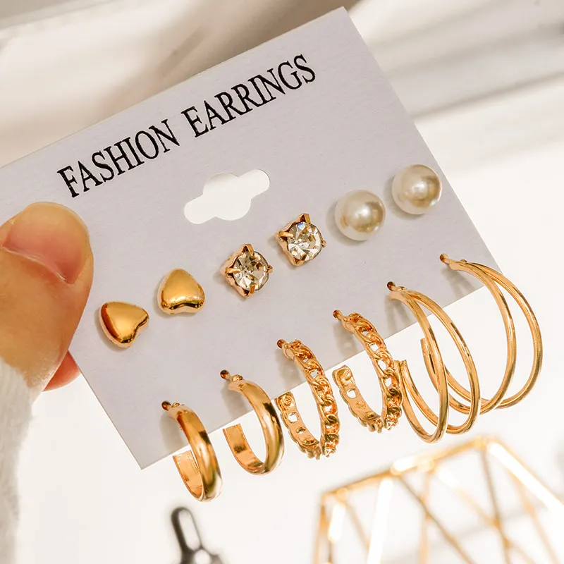 

ZWC Trendy Geometric Gold Circle Hoop Earrings Set For Women Fashion Heart Metal Round Pearl Earrings 2021 Party Jewelry Gift