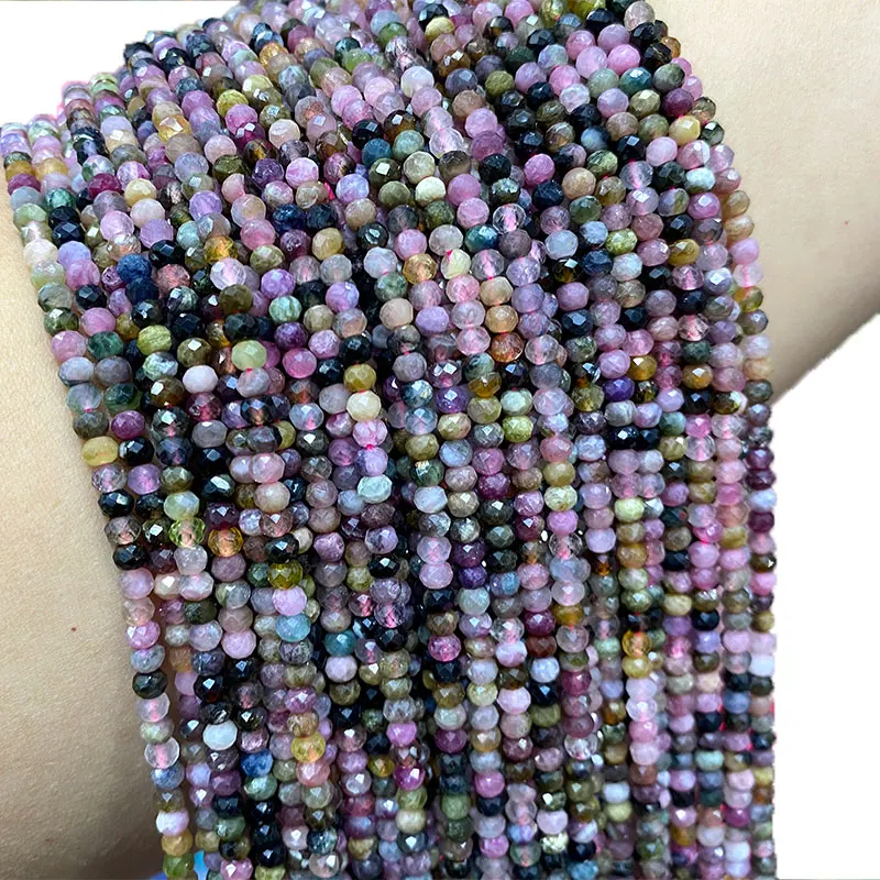 

Fine 100% Natural Stone Tourmaline Faceted Wheel Shape Round Gemstone Beads For Jewelry Making DIY Bracelet Necklace 3*4MM 15''