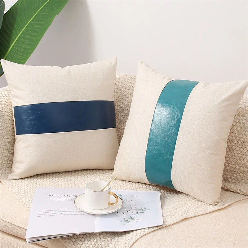 

45*45cm PU Leather Stitching Bedroom Pillowcover Sofa Cushion Cover Throw Cushion Cover Office Outdoors Pillowcase 40838