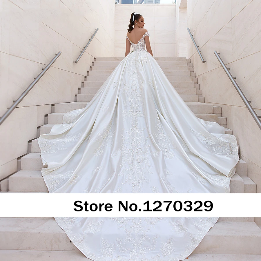 Free Shipping !Ball Gown Wedding Dresses Royal Satin Beaded Lace Appliques Off the Shoulder Princess Bride Gown Vestido De Noiva