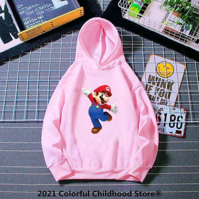 

Super Mario Hoodie Kids Clothes Girl 4-14T Spring and Autumn Pink Cute Anime Sweatshirt Free Shipping Clothes