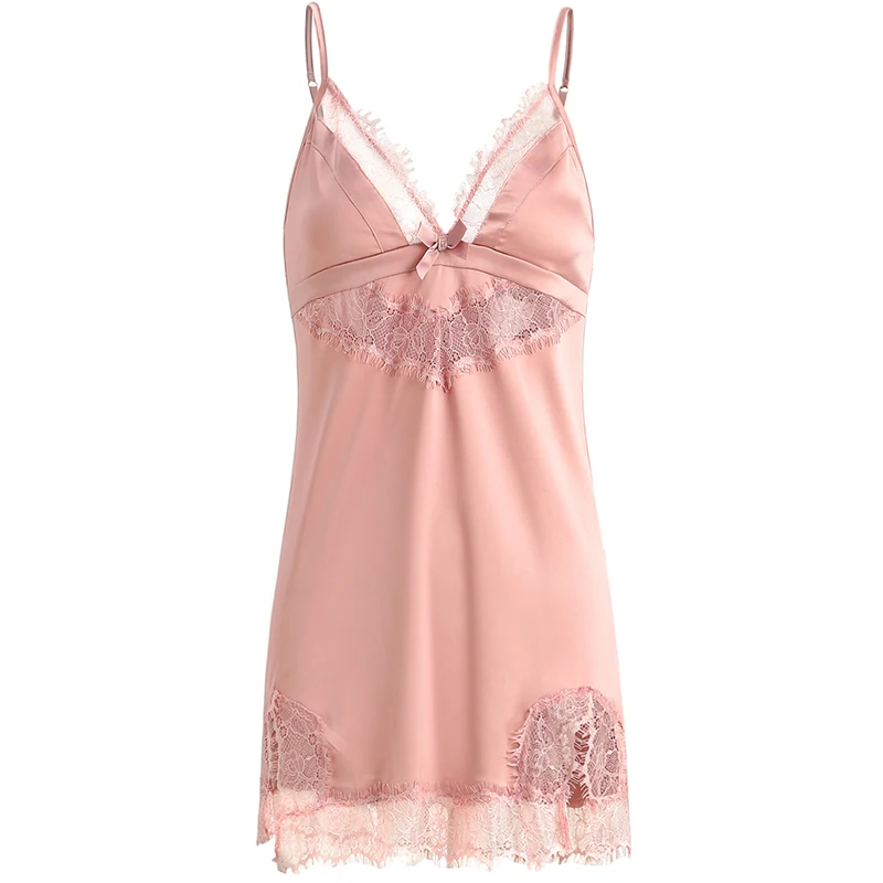 

New 2020 sexy female summer lace V-neck suspender nightdress ice silk open back hollow nightgown women 2 colors M/L