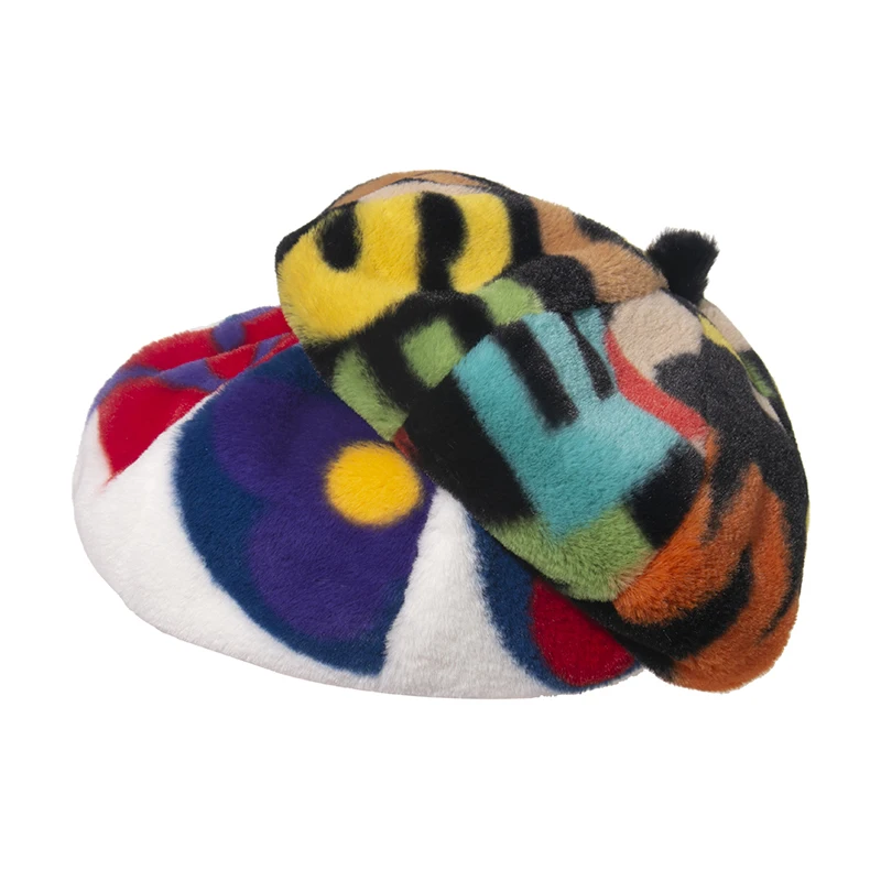 Берет FOXMOTHER из искусственного меха с радужным буквенным узором женский зимний |