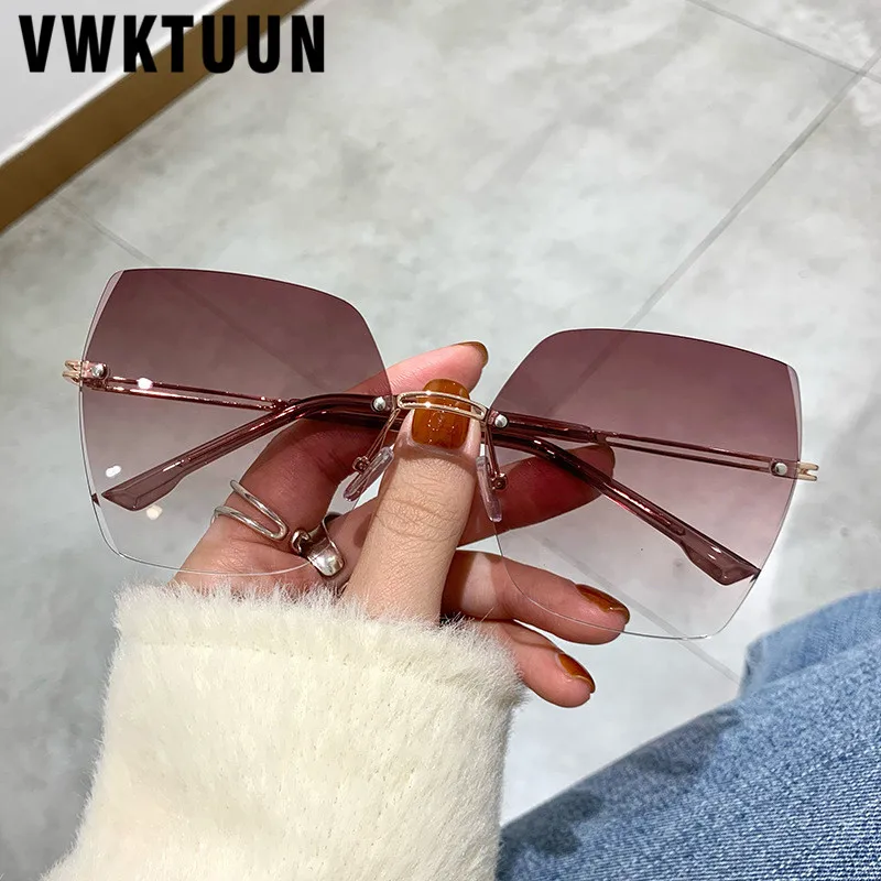 

VWKTUUN Rimless Sunglasses Women 2021 Square Sunglasses Ocean Lens Oversized Glasses UV400 Gradient Lens Sun glasses Big Shades