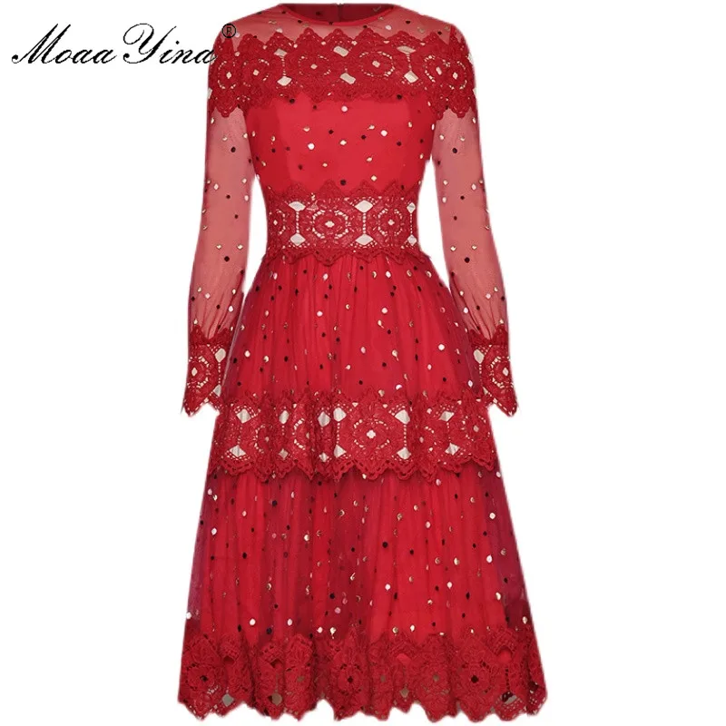 

MoaaYina модное платье весеннее женское платье Сетчатое платье с длинным рукавом в горошек лоскутное платье с вышивкой