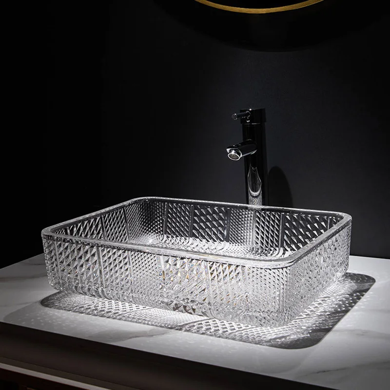 

Plating Die-Casting Art Glass Sink Bathroom Square Crystal Above Counter Basin Bathroom Wash Basin Set Drainage Accessories 2012