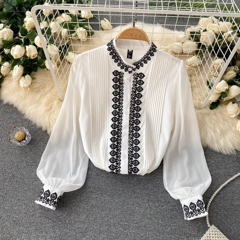 

Women's Shirt Retro New Fashion Embroidered Round Collar Fold Slim Long Sleeve Chiffon Tops Camisas De Mujer Blouse Clothes T409