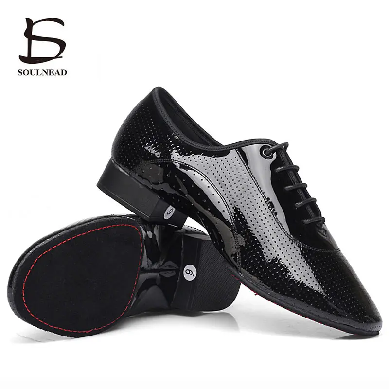 Zapatos de baile latino para hombre, calzado de Salón Estándar, de cuero genuino negro, para práctica de competición, zapato de baile moderno de Salsa