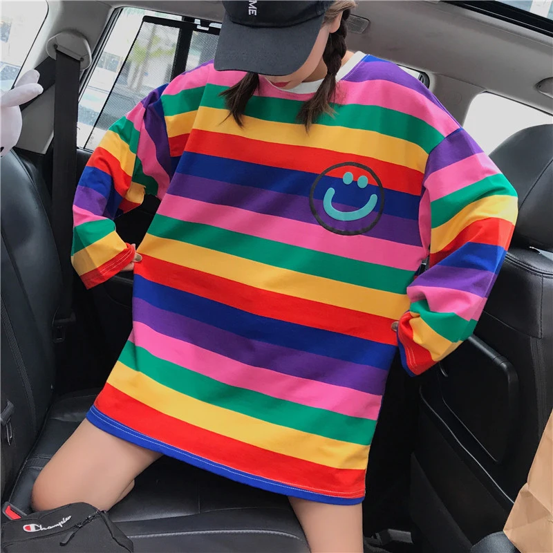 Женская футболка оверсайз летняя в Корейском стиле с милыми радужными полосками