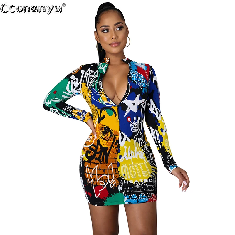 

Женское облегающее мини-платье на молнии с длинным рукавом и принтом, повседневное облегающее платье с воротником-стойкой для ночного клуб...