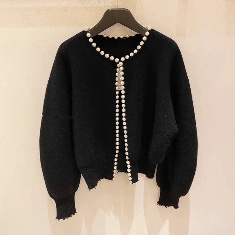 

2020 New Fashion Korean Jackets Pearls Cardigan Batwing Sleeve Wool Knit Vintage Women's Coat High Quality Jacket
