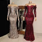 Сексуальные блестящие Длинные вечерние платья с открытыми плечами и юбкой-годе, 2022, платье для выпускного вечера с длинным рукавом в африканском стиле, для вечеринки и ночи
