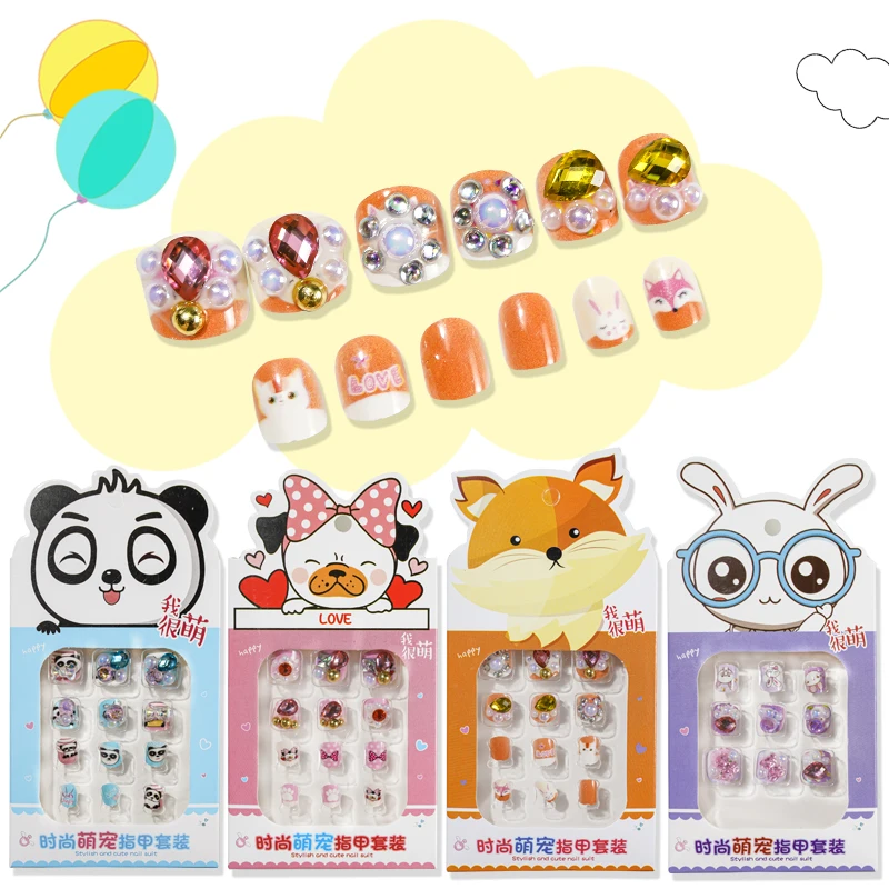 

12Pcs Animal Girl Kids False Nails Press On Self Adhesive Frog Rabbit Duck Cat Dog Nail Tips Short Rhinestone Fake Nail Art Kit