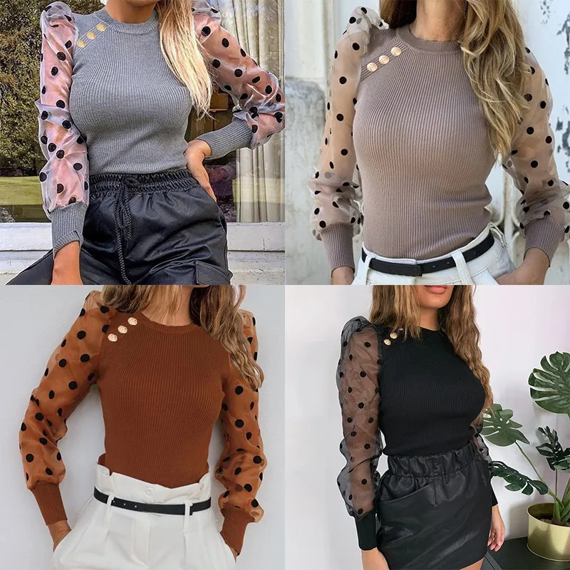 Женский трикотажный свитер с длинным рукавом и круглым вырезом | Женская одежда