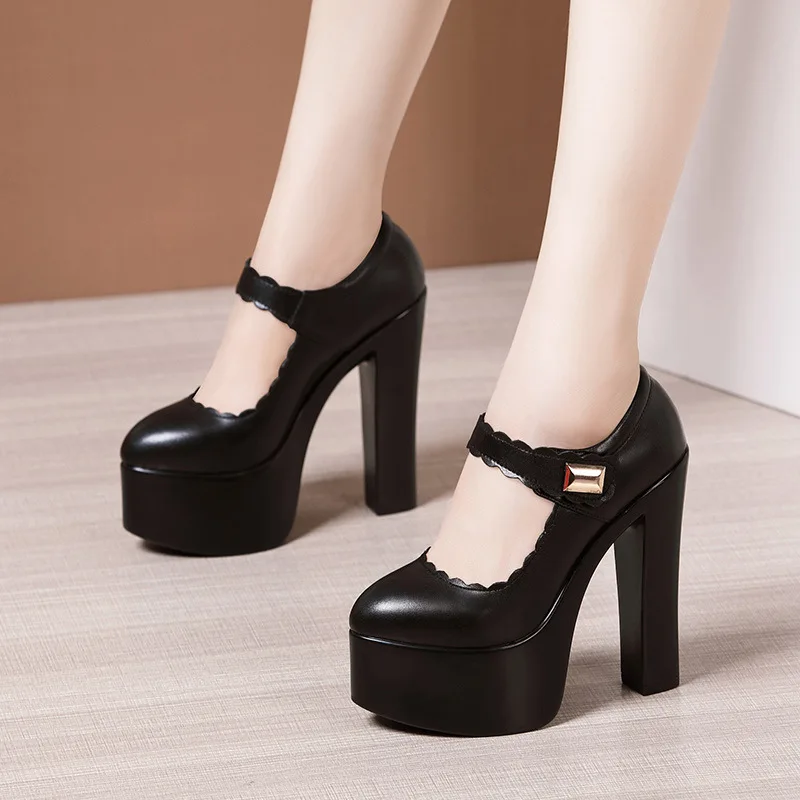 

Spring Genuine Leather Women's 15CM High Heels Fashion Female Wedding Shoes Ladies Platform Pumps Work Shoes Plus Size 32-43