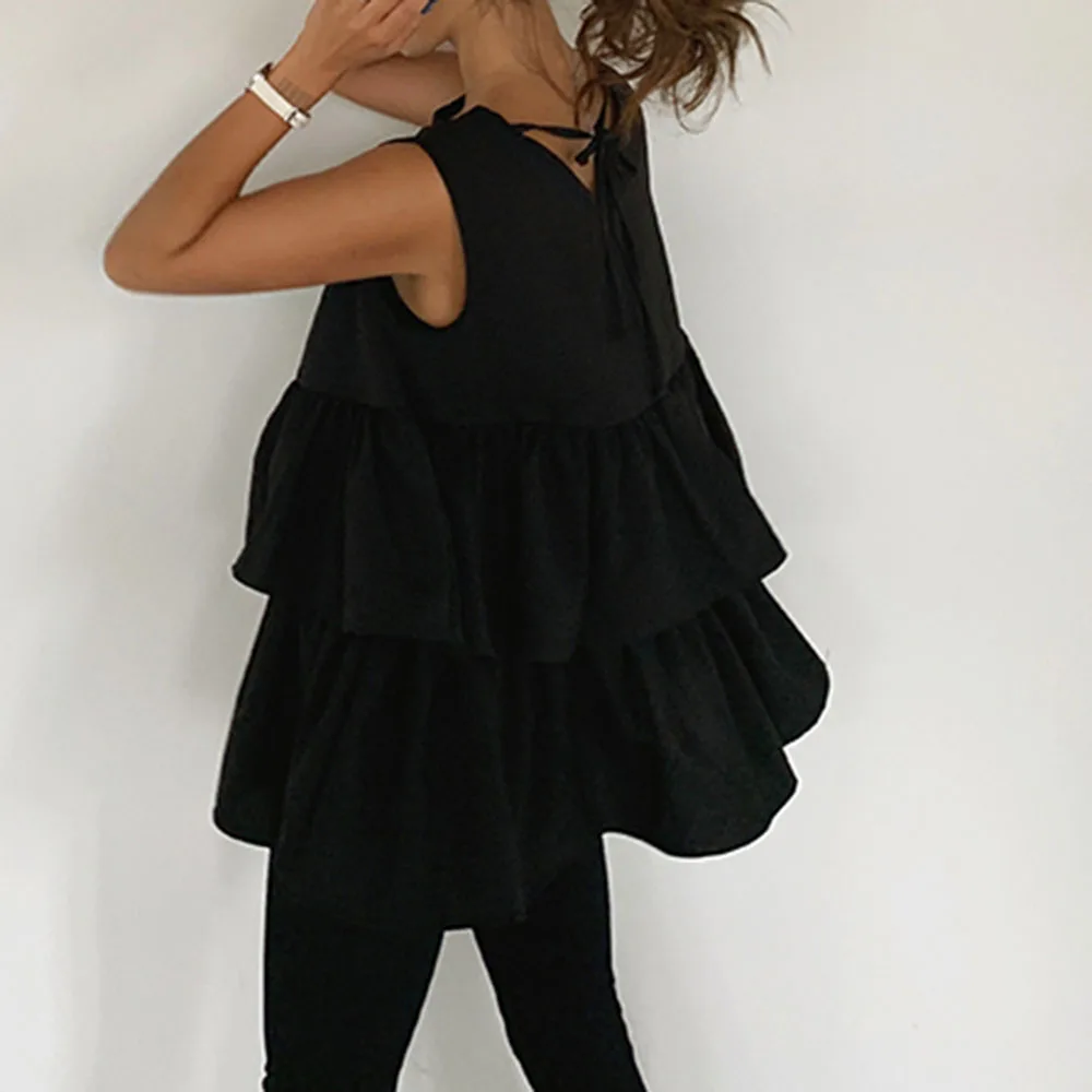 

Black Sleeveless Blouse Women Summer Kawaii Round Neck Shirts Tops Ruffles Cute Korean Loose Women Female Shirts 2021