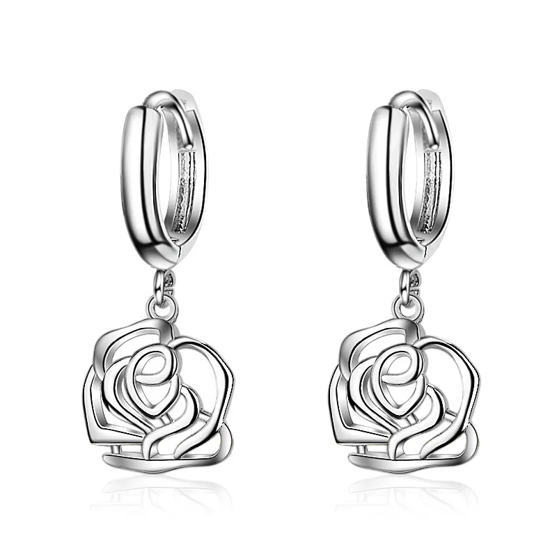 

100% 925 Sterling Silver Fashion Rose Flower Ladies Stud Earrings Promotion Jewelry Women Birthday Gift Drop Shipping