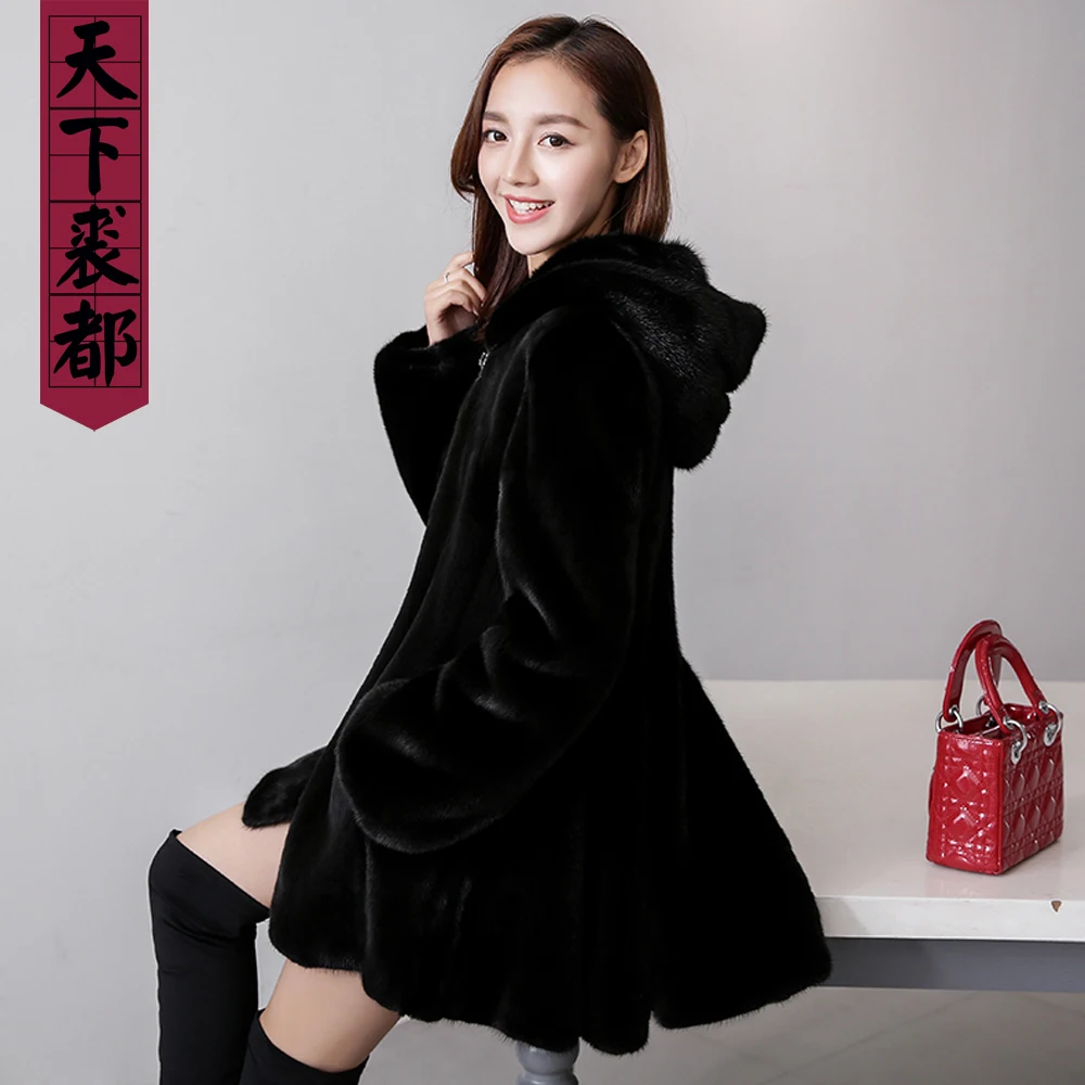 Брендовые женские черный натуральный мех норки пальто с мехом капюшоном