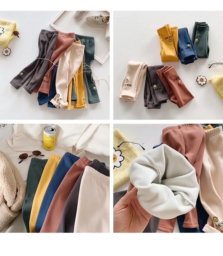 Осень-зима милые теплые леггинсы с вышивкой для девочек 2019 Детские хлопковые