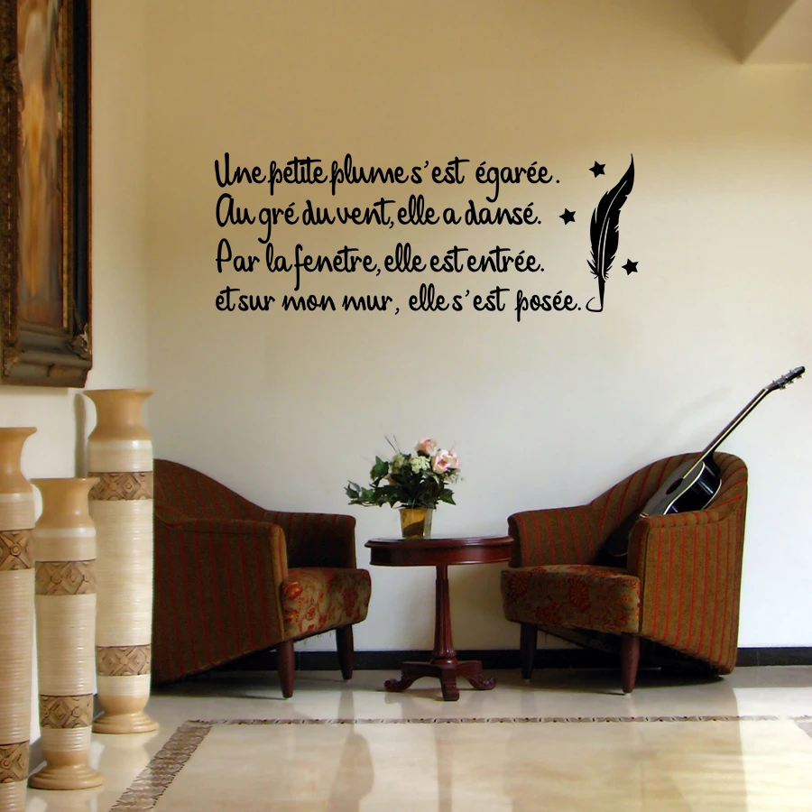 

French Text Phrase Citation Feather Vinyl Wall Sticker Wallpaper Decorative for Bedroom Decor Francais Muraux House Decoration