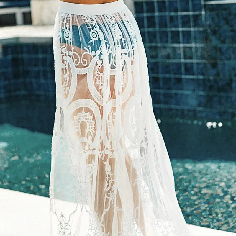 Пикантная Женская кружевная накидка на бикини прозрачная пляжная Макси юбка с