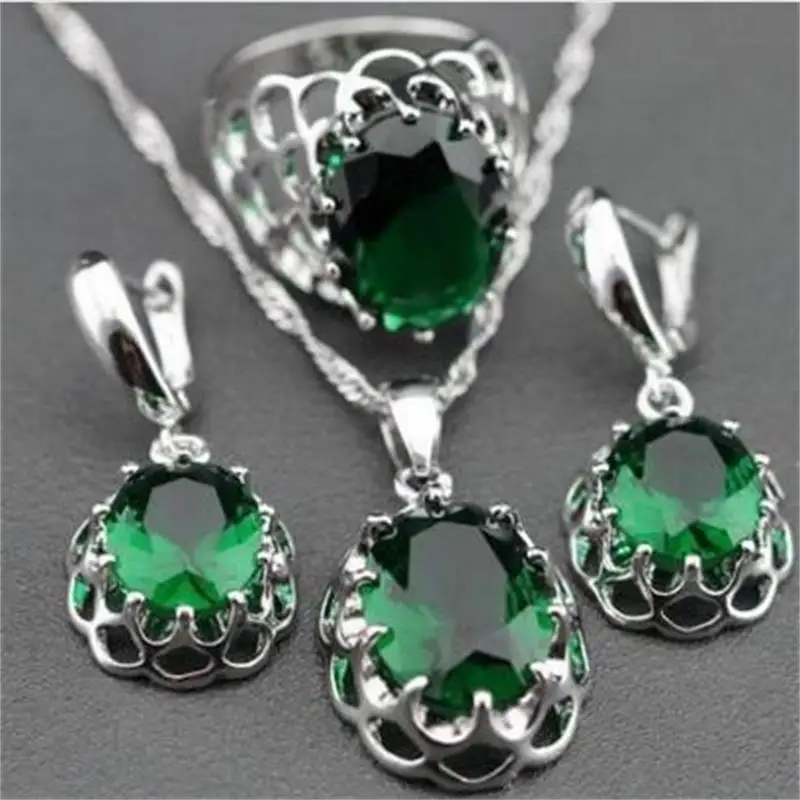 

Luxury Silver Plated 3PC Set Earring/necklace/ring Set Fashion Women AAA Emerald Zircon Jewelry for Women Wedding Accessories