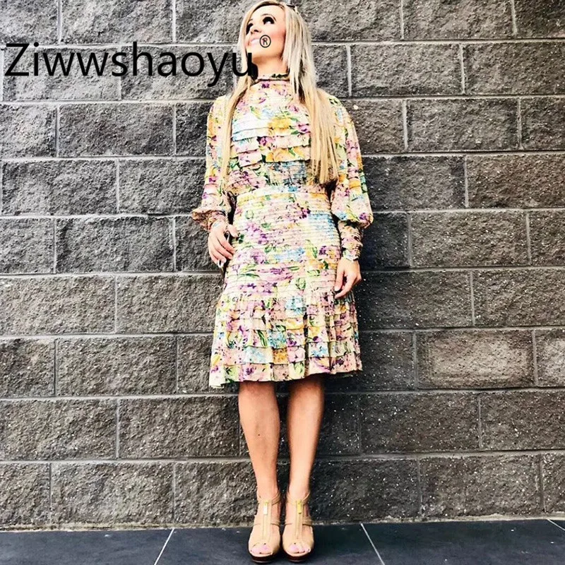 Ziwwshaoyu/элегантное Брендовое платье с цветочным принтом; сезон осень-зима; женские многоярусные вечерние платья с рукавами-фонариками и оборками