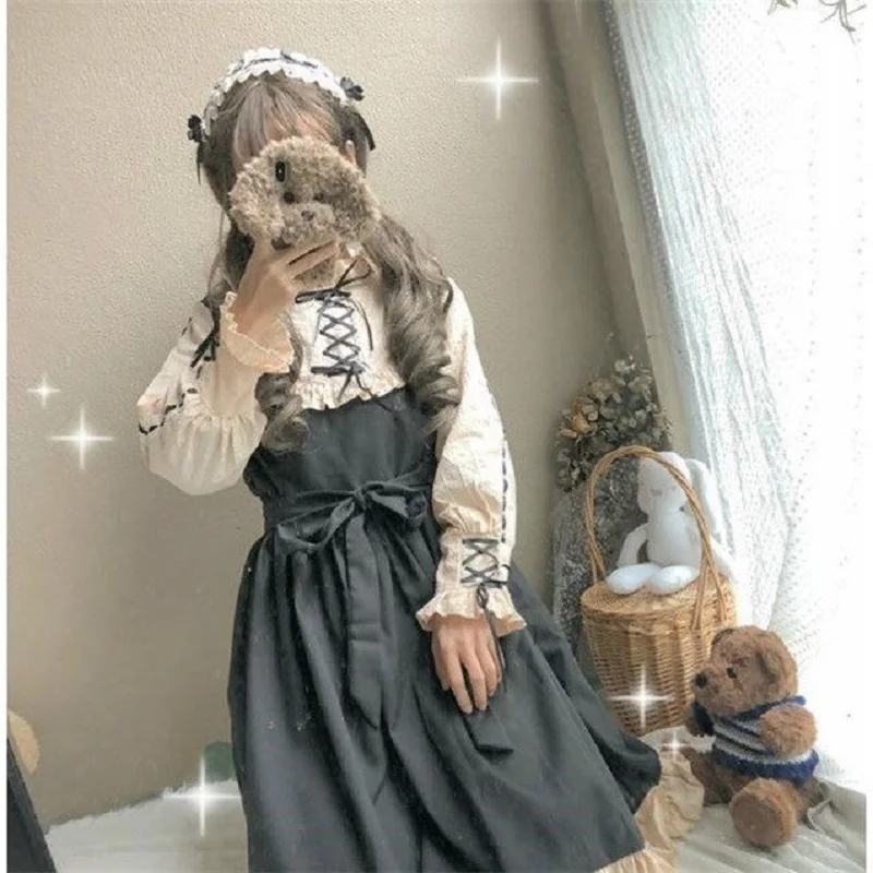 

Japanese Dress Korean Harajuku Gothic Bandage Bow Patchwork Dress Kawaii Ruffles Dress Women Lolita Party Dresses 2021