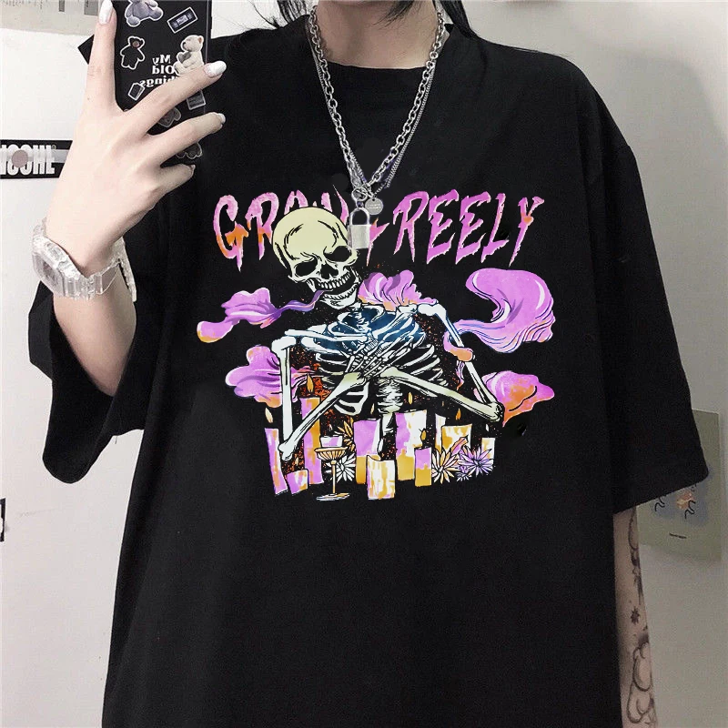 Summer Goth Female Tee Aesthetic Loose men and womenT-shirt Punk Dark Grunge Streetwear gothic Top T-shirts Harajuku y2k Clothes | Женская