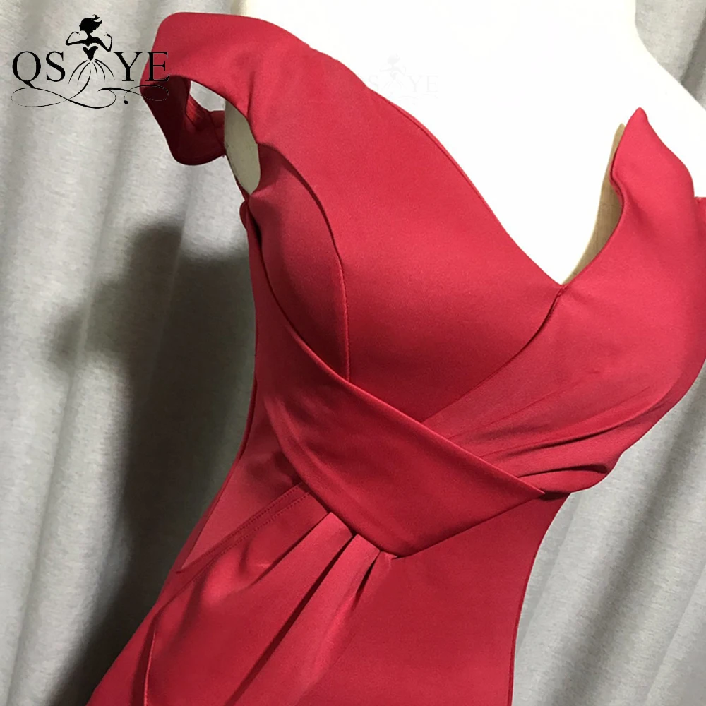 

Red Evening Dresses Stretch Off Shoulder Mermaid Formal Prom Gown Ruched Bow Knot Waist Party Dress with Split Women Red Gown