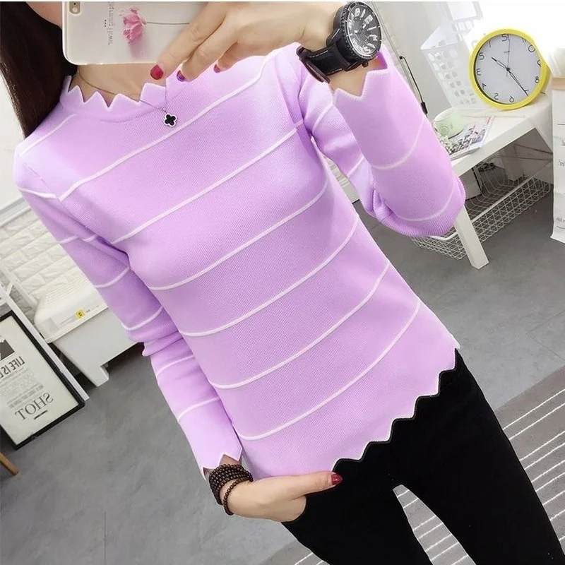 

O-neck Pullovers Sweaters Women 2022 Autumn Winter Stripe Long Sleeve Cropped Slim-fit Tight Jumper Tops Pull Femme Y443