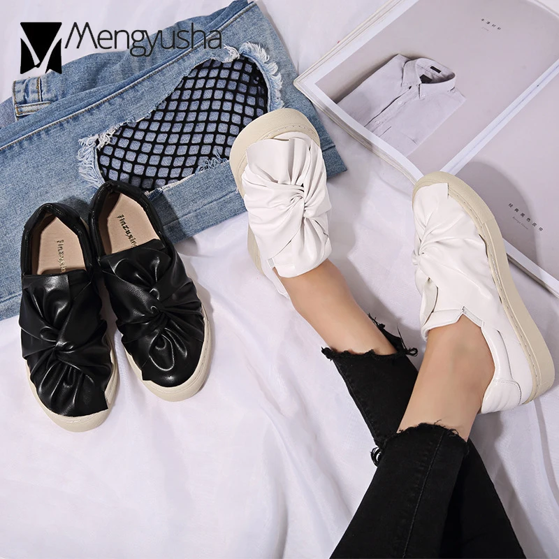 Женские Плиссированные лоферы с бантиком Модные слипоны на плоской подошве