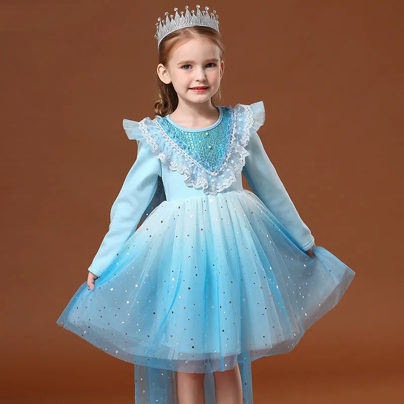 Blue Gradient Color Elsa Dress For Kids Princess Fancy Outfits New Cartoon Movie Role Costumes Halloween Christmas Party Sets | Детская