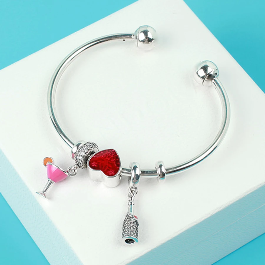 

NEW 100% 925 Sterling Silver Brand New 1:1 Authentic Wine Red Love Charm Hand Ladies Fashion Heart Love Opening Bracelet Set