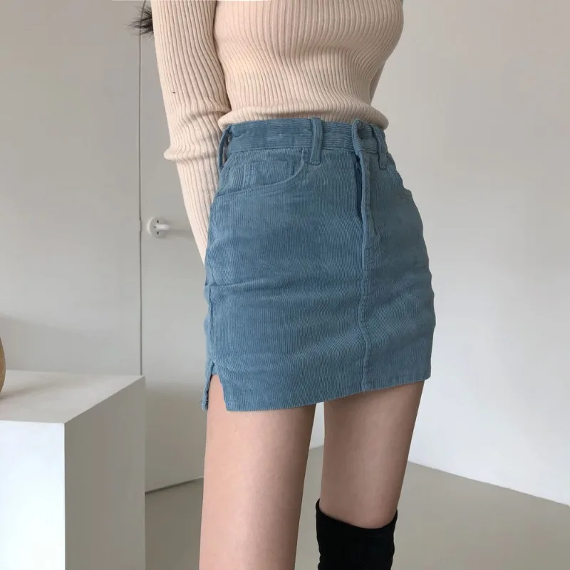 

New Spring Women Skirts Shorts Vintage Skirt Corduroy Bodycon Split Sexy Clubwear High Waist Skirts with Shorts Underneath