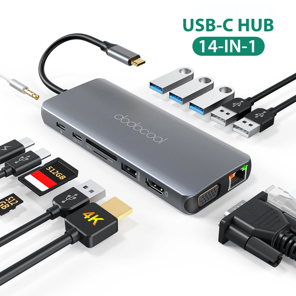USB-концентратор dodocool 14 в 1 USB-хаб с алюминиевым мультипортом USB-C концентратор для