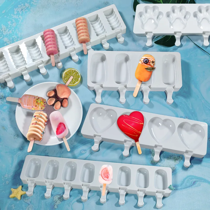 

8/4 Hole Silicone Ice Cream Mould Ice Cube Tray Popsicle Barrel Diy Chocolate Mold Dessert Ice Cream Mold with Popsicle Stick