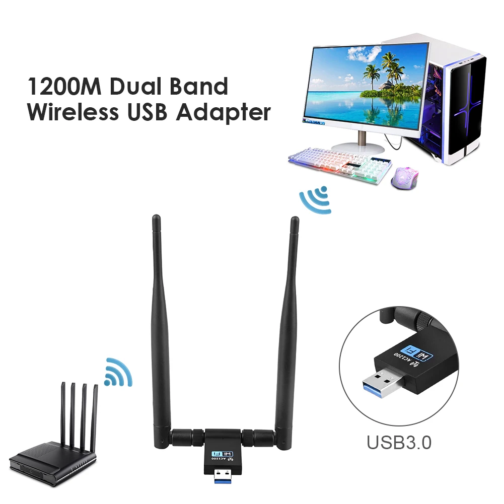 

USB 3.0 WiFi Adapter Receiver Network Card Household AC1200 2.4GHz 5GHz Wireless Computer Accessories for PC