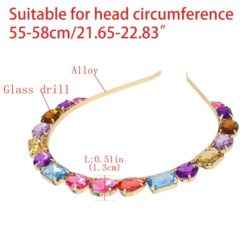 

Women Retro Flat Metal Headband Glitter Glass Drill Hair Hoop Multicolored Irregular Geometric Jewelry Tiara Headdress